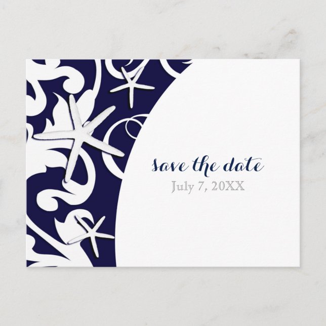 White Starfish Blue Beach Wedding Save The Date Announcement Postcard (Front)