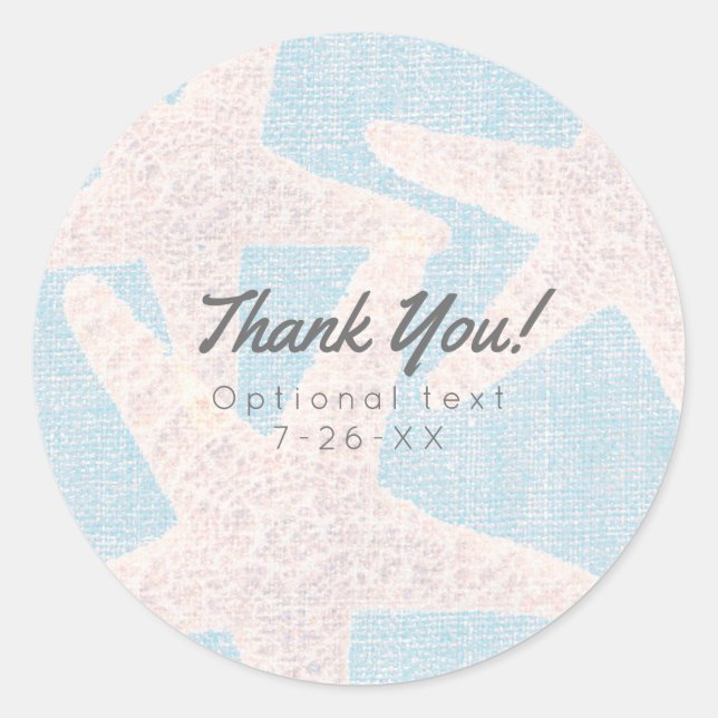 White Starfish & Blue Burlap Beach Party Favor Classic Round Sticker (Front)