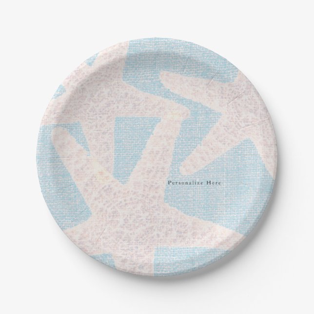 White Starfish & Blue Burlap Beach Party Reception Paper Plates (Front)