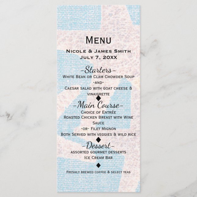 White Starfish & Blue Burlap Elegant Beach Menu (Front)