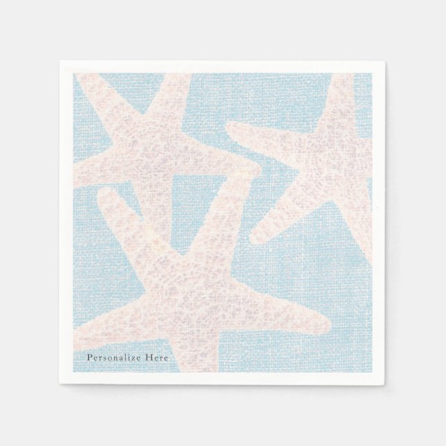 White Starfish & Blue Burlap Elegant Reception Paper Napkins (Front)