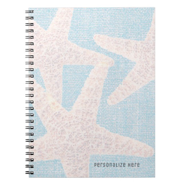 White Starfish & Blue Burlap Personalized Custom Notebook (Front)