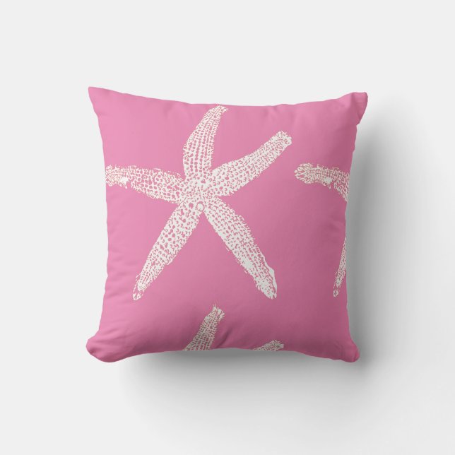 White Starfish Coastal Beach Theme Pink Cute Girly Throw Pillow (Front)