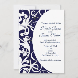 White Starfish Dark Blue Beach Wedding Invitations