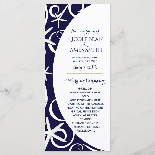 White Starfish Dark Blue Beach Wedding Program (Front)