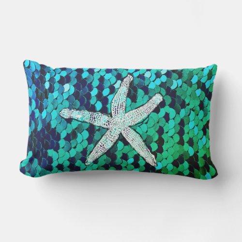 White Starfish Glittery Mermaid Sequins Green Blue Lumbar Pillow