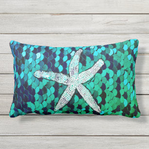 White Starfish Glittery Mermaid Sequins Green Blue Lumbar Pillow