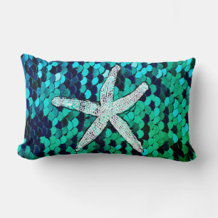 White Starfish Glittery Mermaid Sequins Green Blue Lumbar Pillow