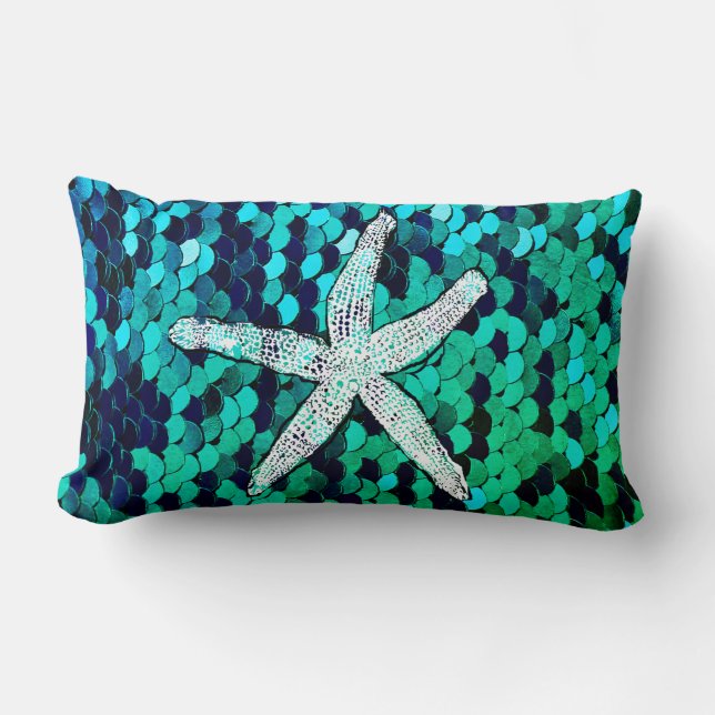 White Starfish Glittery Mermaid Sequins Green Blue Lumbar Pillow (Front)