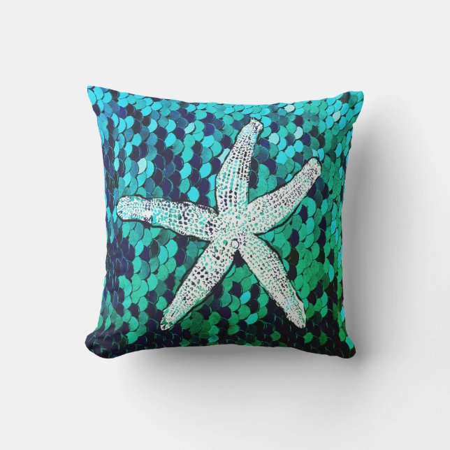 White Starfish Glittery Mermaid Sequins Green Blue Outdoor Pillow (Front)