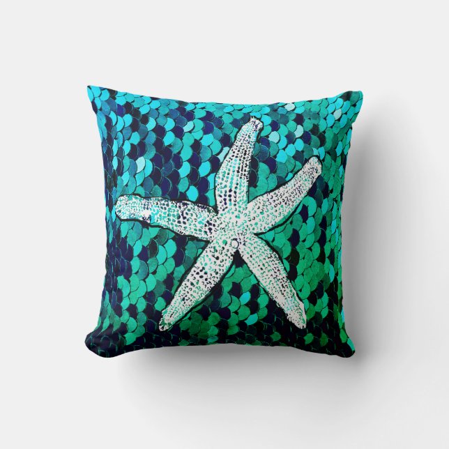 White Starfish Glittery Mermaid Sequins Green Blue Throw Pillow (Front)