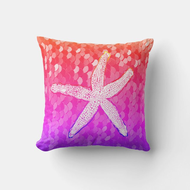 White Starfish Glittery Mermaid Sequins Pink Cute Outdoor Pillow (Front)