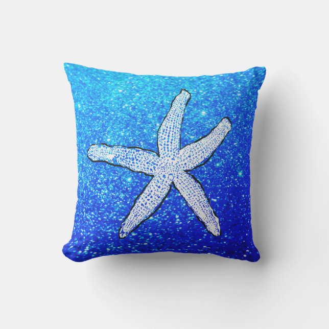 White Starfish Glittery Sparkly Beach Deep Blue Outdoor Pillow (Front)