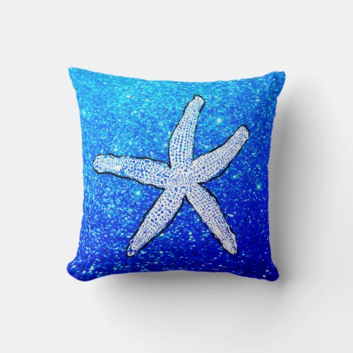 White Starfish Glittery Sparkly Beach Deep Blue Throw Pillow