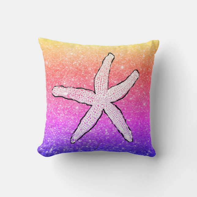 White Starfish Glittery Sparkly Beach Pink Ombre Throw Pillow (Front)