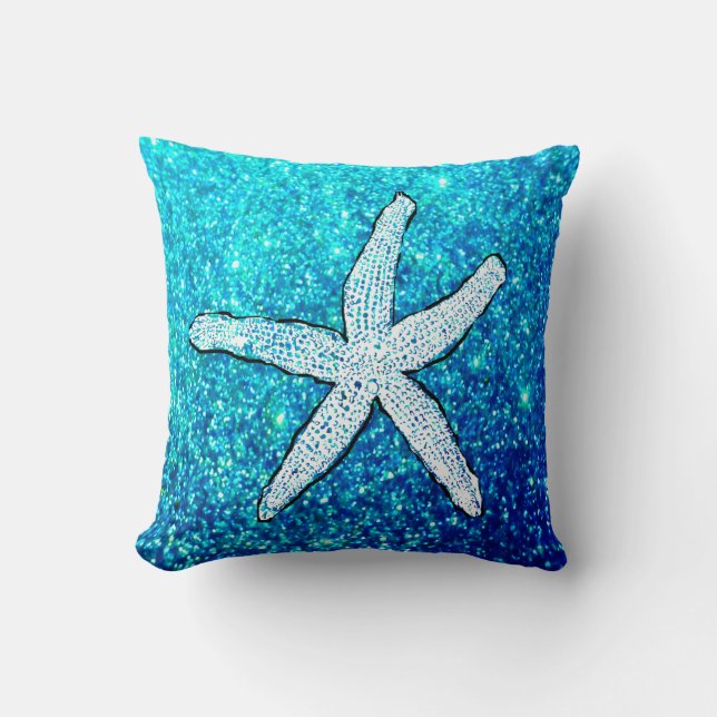 White Starfish Glittery Sparkly Beach Teal Blue Throw Pillow (Front)