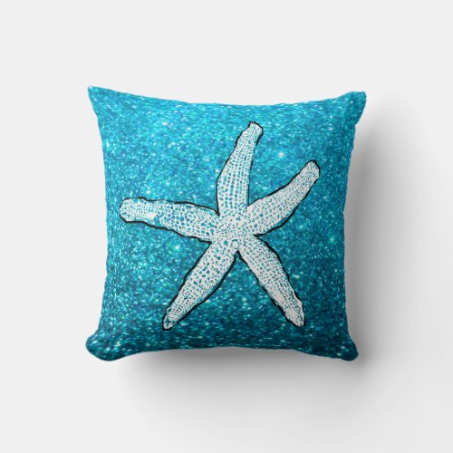 White Starfish Glittery Sparkly Beach Teal Blue Throw Pillow