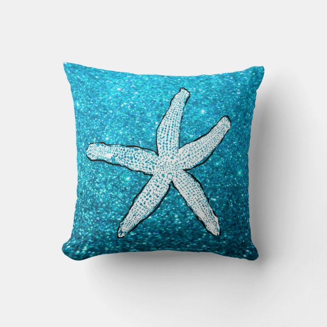 White Starfish Glittery Sparkly Beach Teal Blue Throw Pillow (Front)