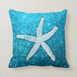White Starfish Glittery Sparkly Beach Teal Blue Throw Pillow<br><div class="desc">Printed with white starfish pattern in luxurious glittery teal blue background.</div>