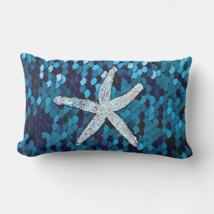 White Starfish Glittery Sparkly Mermaid Teal Blue Lumbar Pillow