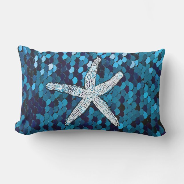 White Starfish Glittery Sparkly Mermaid Teal Blue Lumbar Pillow (Front)