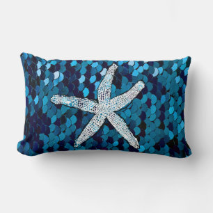 White Starfish Glittery Sparkly Mermaid Teal Blue Lumbar Pillow