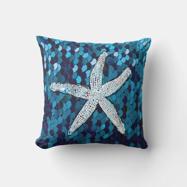 White Starfish Glittery Sparkly Mermaid Teal Blue Outdoor Pillow (Front)