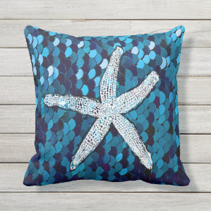 White Starfish Glittery Sparkly Mermaid Teal Blue Outdoor Pillow
