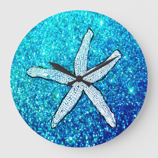 White Starfish Glittery Sparkly Teal Blue Cute Large Clock (Front)