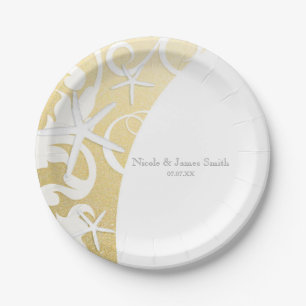 White Starfish Gold Beach Elegant Wedding Paper Plates