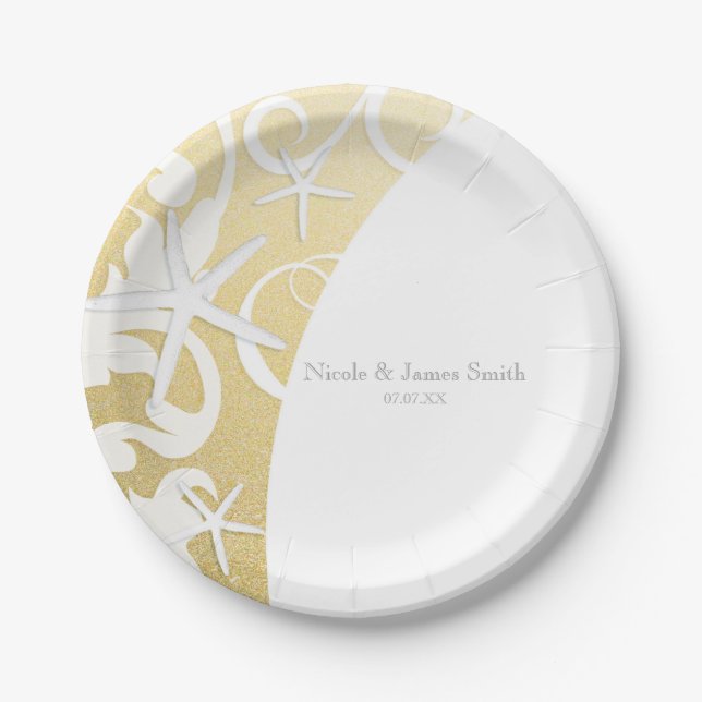 White Starfish Gold Beach Elegant Wedding Paper Plates (Front)