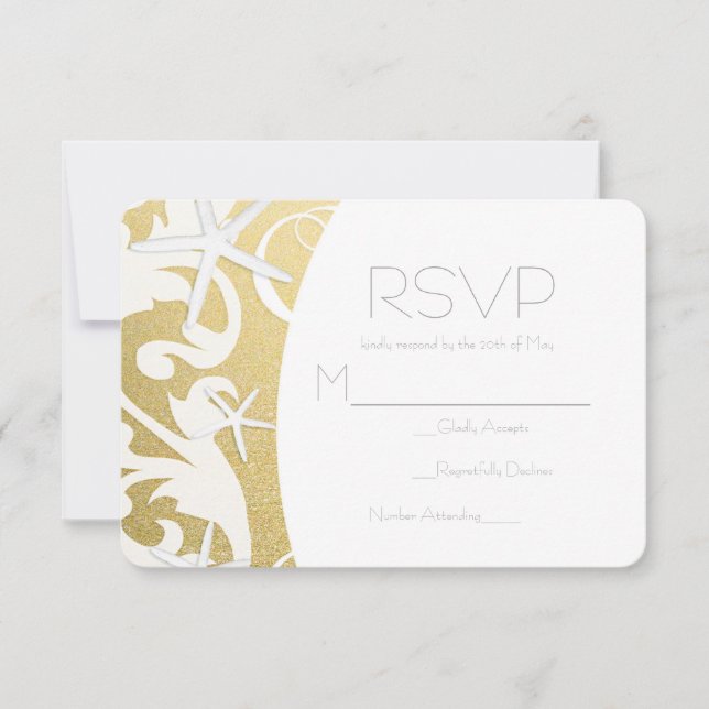 White Starfish Gold Beach Elegant Wedding RSVP (Front)