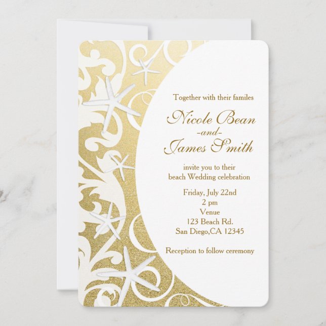 White Starfish Gold Beach Wedding Invitations (Front)