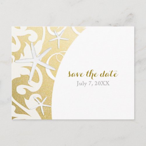 White Starfish Gold Beach Wedding Save The Date Announcement Postcard