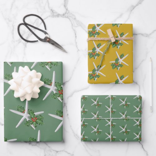 White Starfish Holly Pattern Christmas  Wrapping Paper Sheets