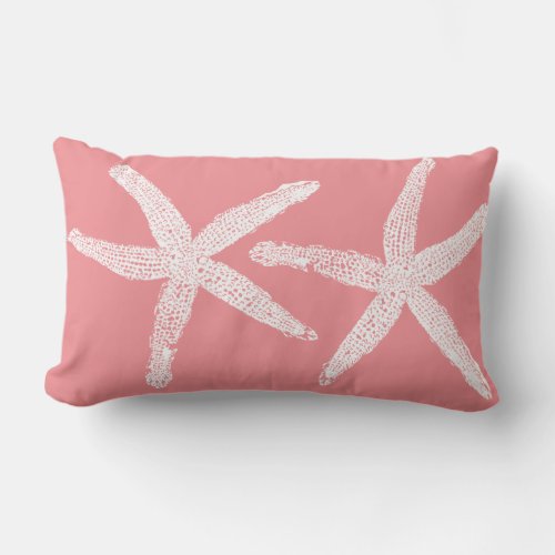 White Starfish Light Coral Pink Orange Cute Beach Lumbar Pillow