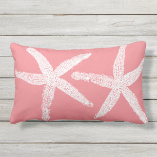 White Starfish Light Coral Pink Orange Cute Beach Lumbar Pillow