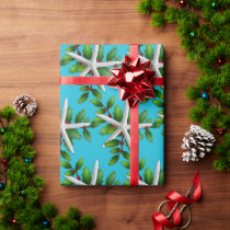 White Starfish n Holly Christmas Aqua Wrapping Paper