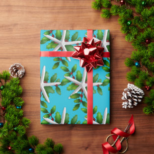 White Starfish n Holly Christmas Aqua Wrapping Paper