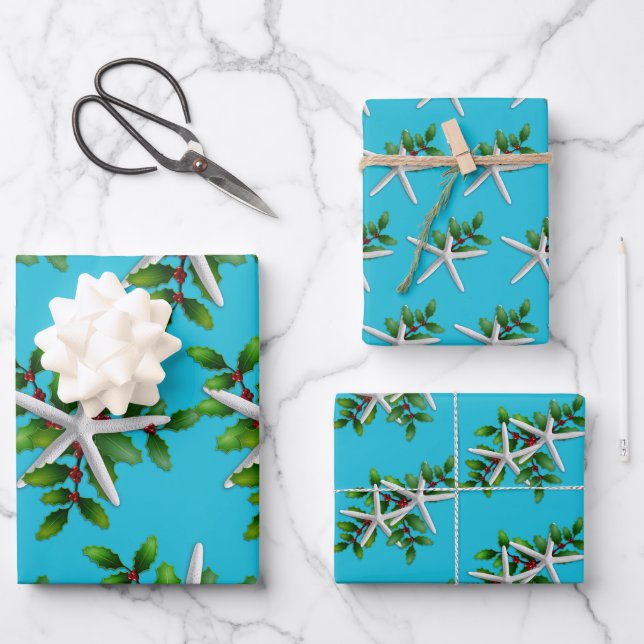 White Starfish n Holly Christmas Aqua Wrapping Paper Sheets (Front)