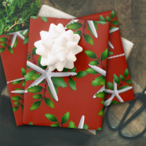 White Starfish n Holly Christmas Red Wrapping Paper Sheets
