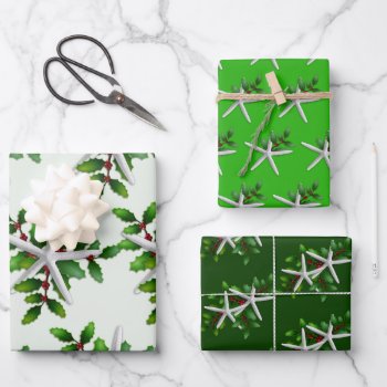 White Starfish N Holly Green Shades Wrapping Paper Sheets by holiday_store at Zazzle