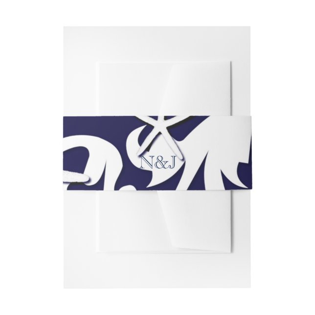 White Starfish Navy Blue Beach Elegant Wedding Invitation Belly Band (Front Example)