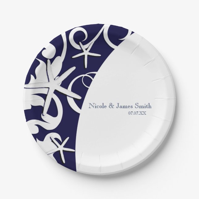 White Starfish Navy Blue Beach Elegant Wedding Paper Plates (Front)