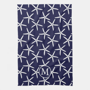 White starfish on a navy blue background kitchen towel