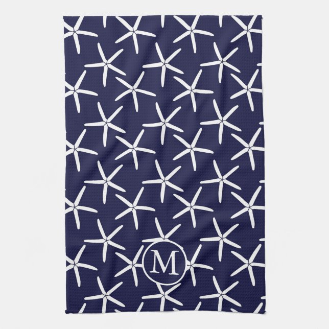 White starfish on a navy blue background kitchen towel (Vertical)