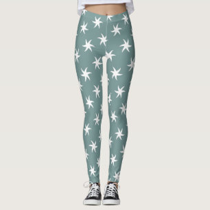 White Starfish on Beach Blue Leggings