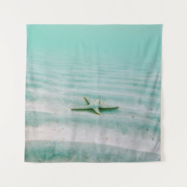 White starfish on sand underwater in the morning tapestry (Front)