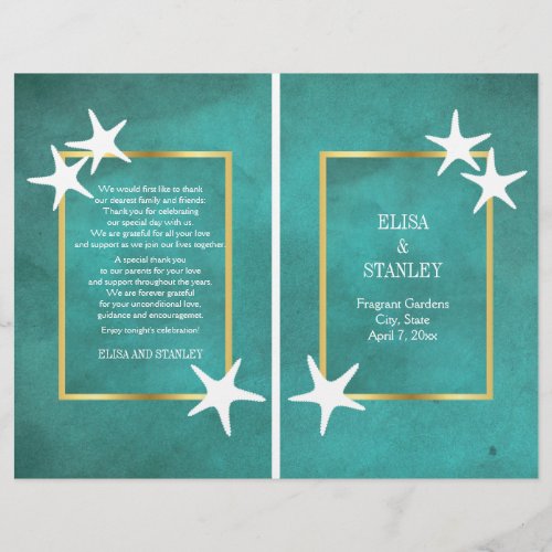 White starfish on teal folded wedding program