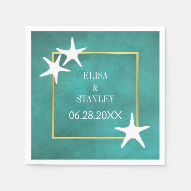White starfish on teal stained beach wedding paper napkins (Front)